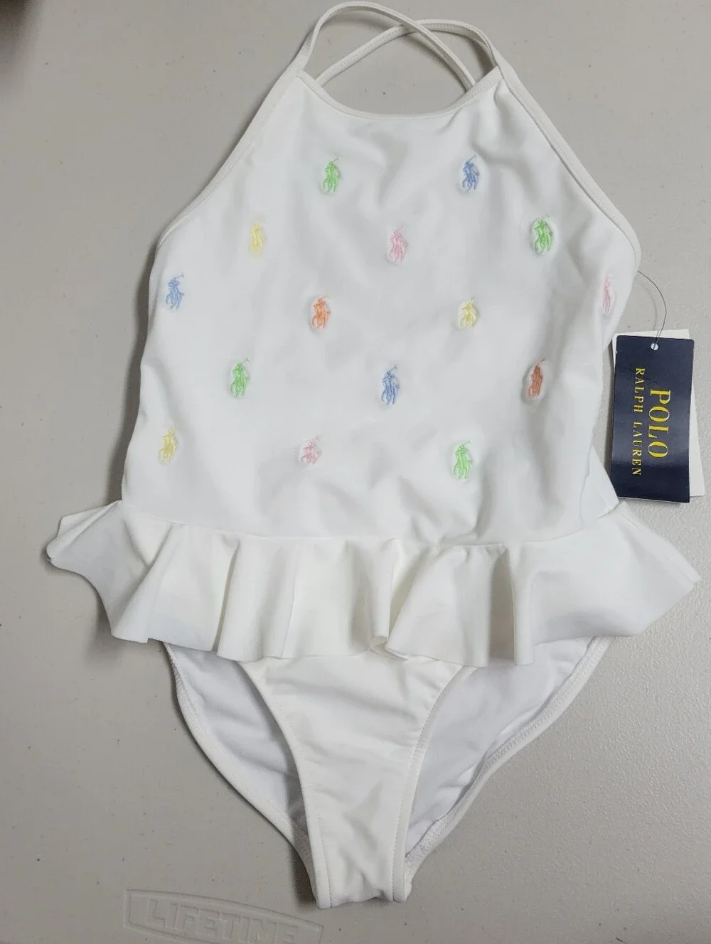 Polo Ralph Lauren NWT White One-Piece Girls Swimsuit with Multicolor Pony Logo.
